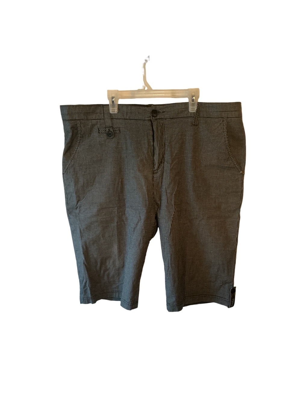 Civil Society Men's Flat Front Micro-Check Long Shorts with Embellishments— Grey